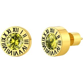 Findchic Stainless Steel Roman Numerals Round Studs Earrings for Men Women with 12 Birthstone Gold/Silver Color Chunky Round Screw Back Finding, with Gift Box