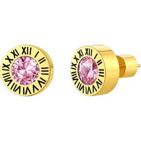 Findchic Stainless Steel Roman Numerals Round Studs Earrings for Men Women with 12 Birthstone Gold/Silver Color Chunky Round Screw Back Finding, with Gift Box