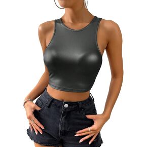 SOLY HUX Women's Summer Metallic Solid Crop Tank Top Y2k Party Tops