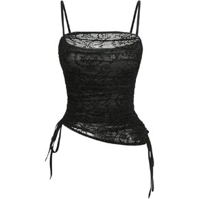 Verdusa Women's Floral Print Mesh Ruched Drawstring Y2K Cami Top Goth Top