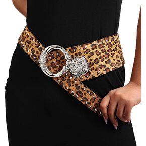 Ursumy Women Vintage Wide Elastic Belt 80s Punk Belt Rivet-Studded Thick Leather Belt Leopard print Belt forJeans Dress