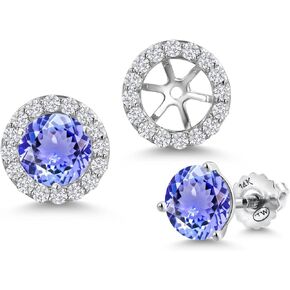 14K White Gold Blue Tanzanite and White Lab Grown Diamond Martini 3 Prong Secure Screw-Backs Stud Earrings For Women with Removable Jackets | 2.28 Cttw | Gemstone December Birthstone | Round 6MM