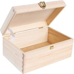 Large Wooden Keepsake Box Storage Box | 11.8 x 7.87 x 5.51 in (+-0.5) | Hinged Lid & Latch | Multi-Craft Decorative Box Case Treasure Chest Trinket | Natural Wood | Plain Unpainted Beige