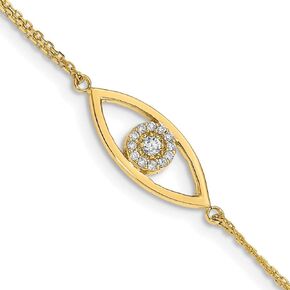 Solid 14k Yellow Gold Small Diamond Evil Eye Protection Bracelet - with Secure Lobster Lock Clasp 7" (Width = 8mm)