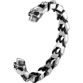 Bold Men’s Biker Bracelet – Death’s Skull Design in a Polished Silver Finish Band – Rust & Discoloration Resistant Stainless Steel with Black Genuine Leather Detail– Jewelry Gift for Men in Kuwait