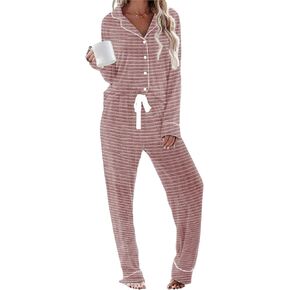 Womens Long Sleeve Pajamas Set Soft Sleepwear Button Down Shirt and Long Pants Pj Lounge Sets S-XXL with Pockets