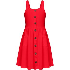 Arshiner Girl's Spaghetti Strap Button Down Midi Sleeveless Summer Casual Sundress A-line Dress with Pockets