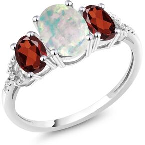Gem Stone King Diamond Accent 10k White Gold (2.10 Ct) White Simulated Opal Red Garnet Ring