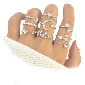 Boho Gold Stackable Rings Set for Women,Dainty Silver Heart Star Moon Flower Rhinestone Knuckle Rings for Women,Bling Sparkling Statement Rings(Silver)