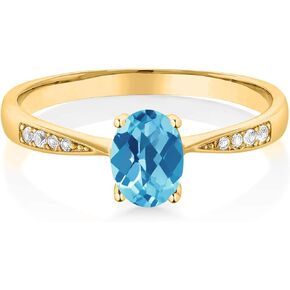 Gem Stone King 10K Yellow Gold Swiss Blue Topaz and White Diamond Engagement Ring For Women (1.06 Cttw, Gemstone November Birthstone, Oval Checkerboard 7X5MM, Available In Size 5, 6, 7, 8, 9)