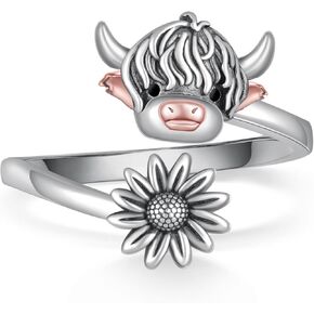 Highland Cow Gifts 925 Sterling Silver Highland Cow Sunflower Ring Highland Cow Jewelry Gifts for Women Men
