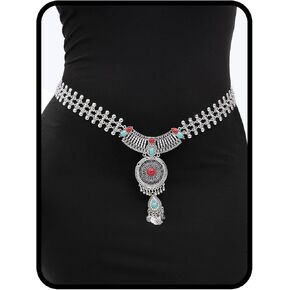 Navoky Boho Turquoise Waist Chain Vintage Belt Chains Rhinestone Crystal Body Chain Layered Belly Chain for Women and Girls