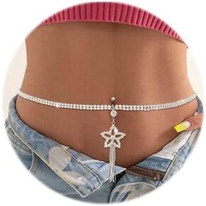 Asooll Silver Crystal Belly Button Ring with Chain Rhinestones Waist Body Chain Bikini Belly Jewelry Fashion Beach Rave Party Body Accessories Jewelry for Women