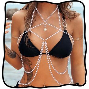 Nicute Pearl Body Chain Necklace Layered Chest Chain Sparkly Crystal Bikini Bra Chain Beach Body Jewelry for Women