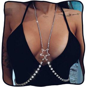DRESBE Rhinestone Bra Chain Silver Star Crystal Body Chains Sparkly Party Body Jewelry Accessories for Women