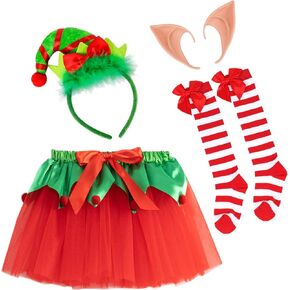 Elf Christams Costume, Christmas Elf Tutu Skirt with Elf Headband Elf Ears and Strips Stockings for Christmas Elf Cosplay Halloween Dwarf Cosplay Red/Green