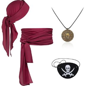 Pirate Costume 4Pcs Women Men Halloween Pirate Accessories Cosplay Waist Belt Bandana Hat Eye Patch Necklace