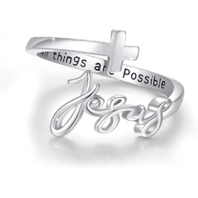 Jesus Ring,Jesus Cross Rings S925 Sterling Silver Adjustable Jesus Faith Cross Wrap Ring Faithful Christian Band Ring for Women