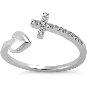 Savlano 18K White Gold Plated Round Cut Cubic Zirconia Sideways Cross and Heart Open Band Ring Women Religious Ring
