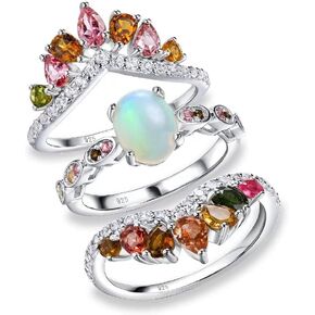 supermodel Engagement Ring Opal Main Stone with Multicolored Tourmaline Diamonds 925 Sterling Silver Statement Signet Ring for Women Cocktail Jewelry Birthstone Rings Size 6 to 12