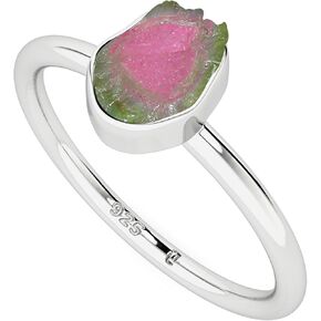 Natural Raw/Rough Watermelon Tourmaline Stackable Ring for Women in Sterling Silver, October Birthstone Jewelry Gifts for Her (Bezel-Set)
