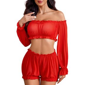 Avidlove Lingerie Sets for Women Sexy Long Sleeve Off Shoulder Ruffle Bra and Panty Set