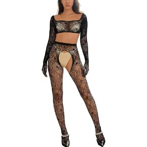 Sexy Lingerie Set Naughty Outfits See Through lace Long Sleeve Hand Sock Top+Fishnet Tights Plus Size Bodysuit