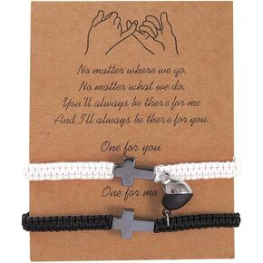Heart Matching Couple Bracelets Set Handmade Braided Adjustable Rope Bracelets Cross Heart Charm Bracelets for Her Him Couples Friends Christmas Valentines Gift