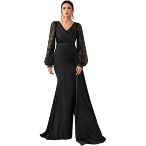 Women's Formal Long Sleeve V-Neck Evening Dress Floor Length Mother of The Bride Gowns