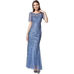 Women's Elegant Sequin Floor Length Formal Dresses Crew Neck Short Sleeve Tulle Mermaid Long Evening Dress
