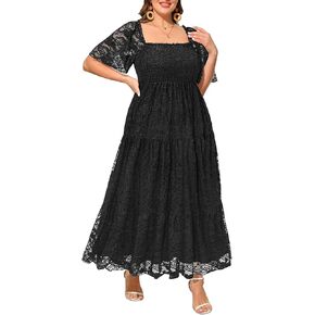 Plus Size Wedding Dress Bride Boho Lace Formal Square Neck Ruffle Sleeves Long Dresses for Curvy Women