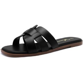 Athlefit Women's Flat Sandals Dressy Summer Square Open Toe Slip On Leather Slide Sandals