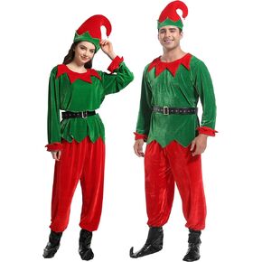 Adult Unisex Elf Costume,Christmas Fancy Costume,Green Top, Red Pants, Belt, Hat, Shoe Covers. (Size: S,M,L,XL,XXL)