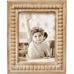 Large Rectangular Natural Wood Picture Frame With Decorative Beads- Perfect for 5X7 Single Photos - Farmhouse Gift Idea for Family and Friends