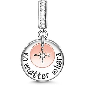 GNOCE Compass Charm Pendant 925 Sterling Silver NO Matter Where You Are,My Heart Is Always with You Charm Bead for Bracelet Necklace Best Gifts For Her