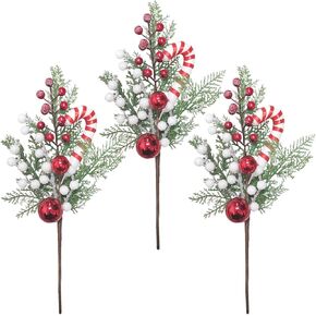 Christmas Red and White Decorations, 3 Pcs Christmas Snowy Artificial Cedar Picks Stems with Candy Cane Red and White Berries Christmas Balls for Holiday Winter Decor Vase Fillers (Red White)