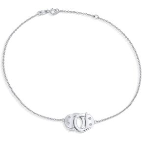 Minimalist Delicate BFF Couples Working Lock Black Genuine Leather Cord Sexy Handcuff Bracelet or Thin Bangle For Women For Teen CZ Accent .925 Sterling Silver