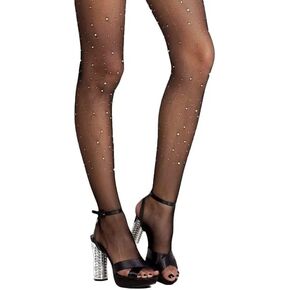 deladola Rhinestone Fishnet Stocking High Waist Tight Black Sparkle Mesh Stockings One-piece Pantyhose Club Sleep Wear