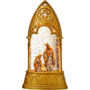 Gold Holy Family Christmas Lighted Snow Globe, 6.25 Inches High, Battery Operated with Timer - Mary, Joseph and Baby Jesus, Non-Moving Traditional Nativity Snow Globe Lighted