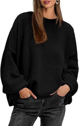 Womens Crewneck Batwing Long Sleeve Sweaters Fall 2024 Oversized Side Slit Ribbed Knit Sweaters Pullover Tops in Saudi Arabia