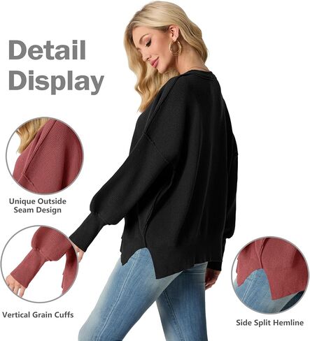 Womens Crewneck Batwing Long Sleeve Sweaters Fall 2024 Oversized Side Slit Ribbed Knit Sweaters Pullover Tops in Saudi Arabia