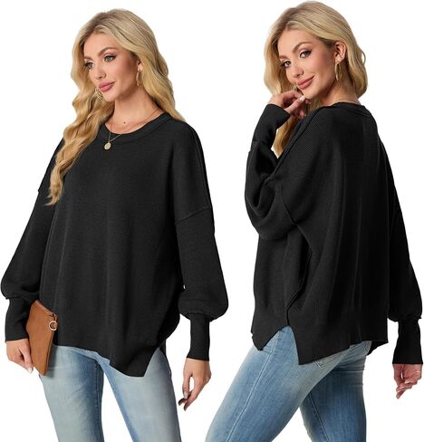 Womens Crewneck Batwing Long Sleeve Sweaters Fall 2024 Oversized Side Slit Ribbed Knit Sweaters Pullover Tops in Saudi Arabia
