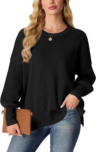 Womens Crewneck Batwing Long Sleeve Sweaters Fall 2024 Oversized Side Slit Ribbed Knit Sweaters Pullover Tops in Saudi Arabia