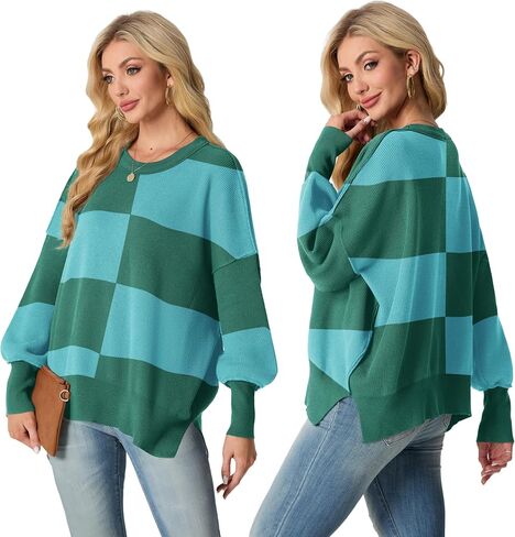 Womens Crewneck Batwing Long Sleeve Sweaters Fall 2024 Oversized Side Slit Ribbed Knit Sweaters Pullover Tops in Saudi Arabia