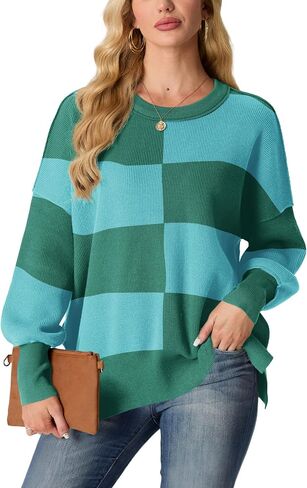Womens Crewneck Batwing Long Sleeve Sweaters Fall 2024 Oversized Side Slit Ribbed Knit Sweaters Pullover Tops in Saudi Arabia