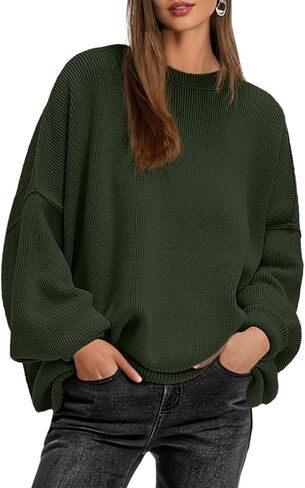Womens Crewneck Batwing Long Sleeve Sweaters Fall 2024 Oversized Side Slit Ribbed Knit Sweaters Pullover Tops in Saudi Arabia