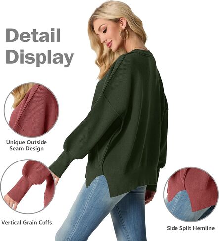 Womens Crewneck Batwing Long Sleeve Sweaters Fall 2024 Oversized Side Slit Ribbed Knit Sweaters Pullover Tops in Saudi Arabia