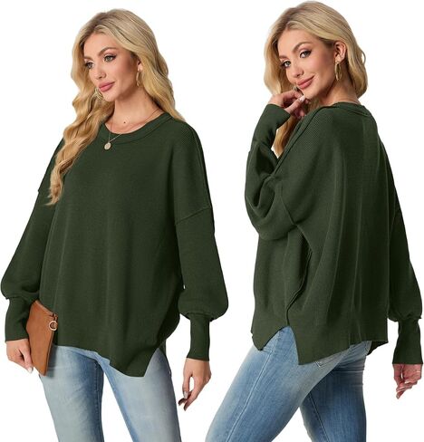 Womens Crewneck Batwing Long Sleeve Sweaters Fall 2024 Oversized Side Slit Ribbed Knit Sweaters Pullover Tops in Saudi Arabia