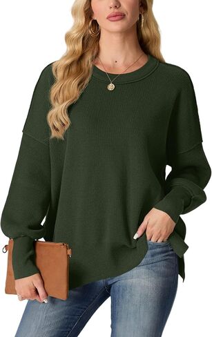 Womens Crewneck Batwing Long Sleeve Sweaters Fall 2024 Oversized Side Slit Ribbed Knit Sweaters Pullover Tops in Saudi Arabia