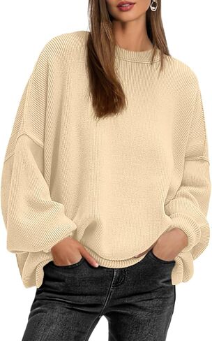 Womens Crewneck Batwing Long Sleeve Sweaters Fall 2024 Oversized Side Slit Ribbed Knit Sweaters Pullover Tops in Kuwait